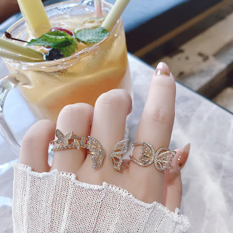 Butterfly Rings with Shiny CZ Drop