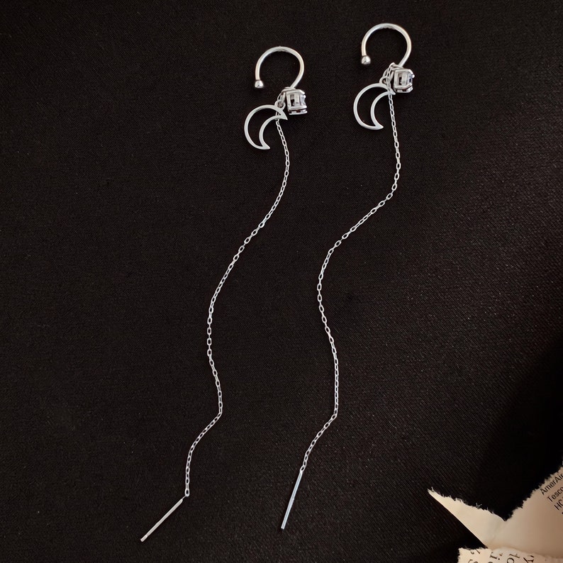 Dainty Silver Moon Threader Earrings