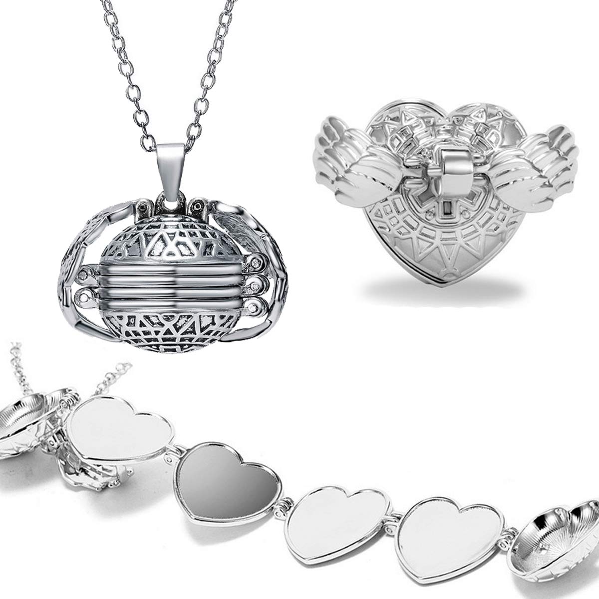 Kiplyki Expanding 4 Photo Locket Necklace Silver Angel Wing Pendant Memorial Gifts