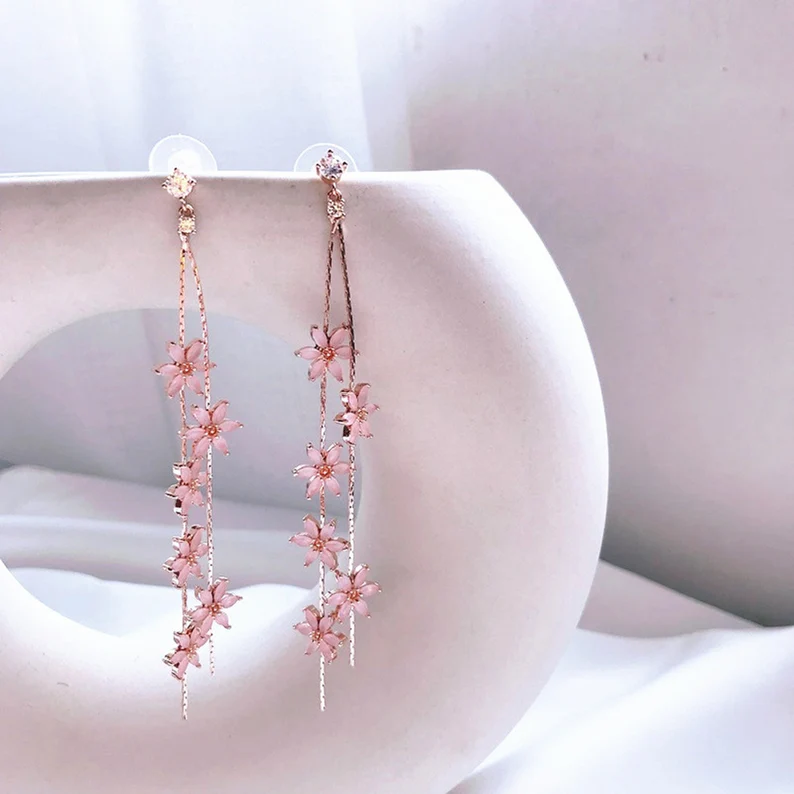 Floral Sakura Long Drop Earrings