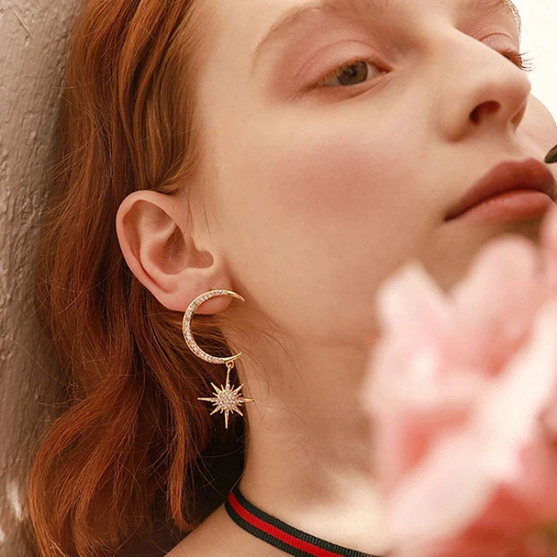 Sparkly Dangling Moon and Star Earring