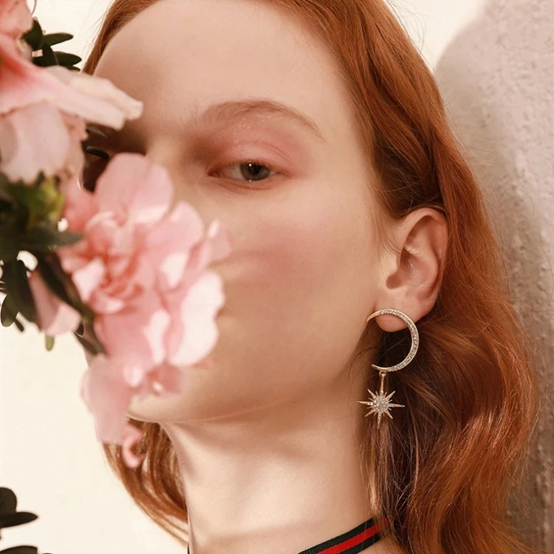 Sparkly Dangling Moon and Star Earring