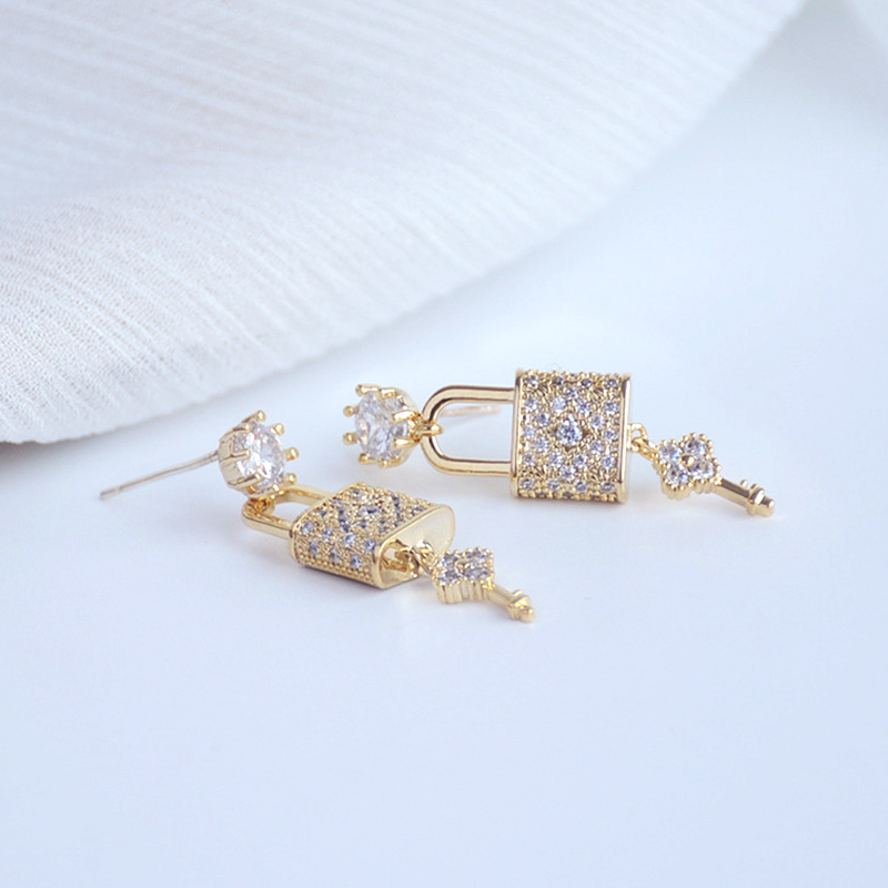 Gold Plated Lock and Key Flowers Drop Earrings