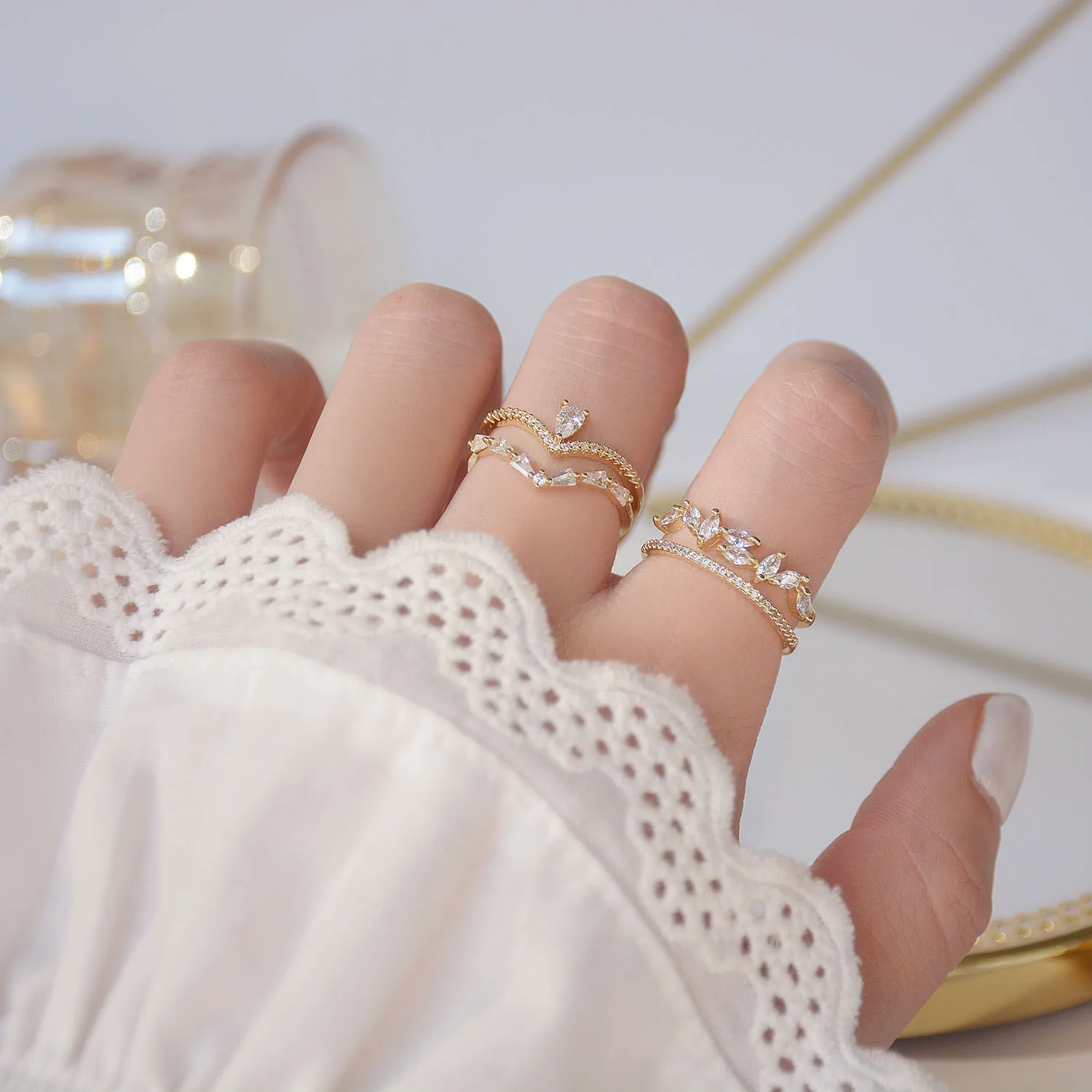 2pcs/set Leaf Adjustable 18K gold plated Ring