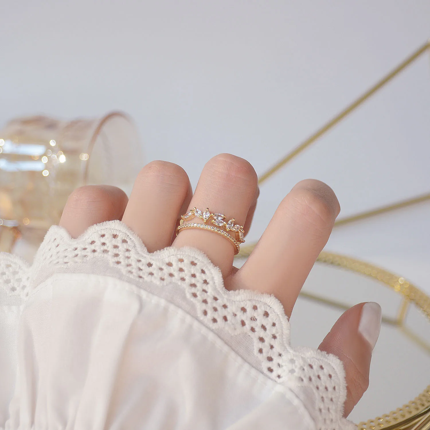 2pcs/set Leaf Adjustable 18K gold plated Ring