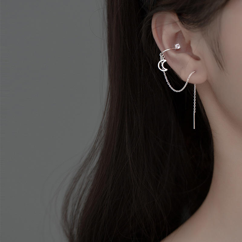 Dainty Silver Moon Threader Earrings