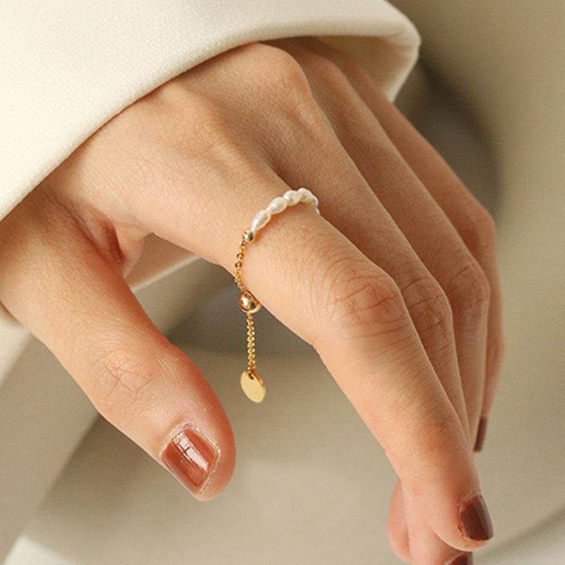 Self-Love Adjustable Pearl Chain Ring-18K Yellow Gold Over Sterling Silver