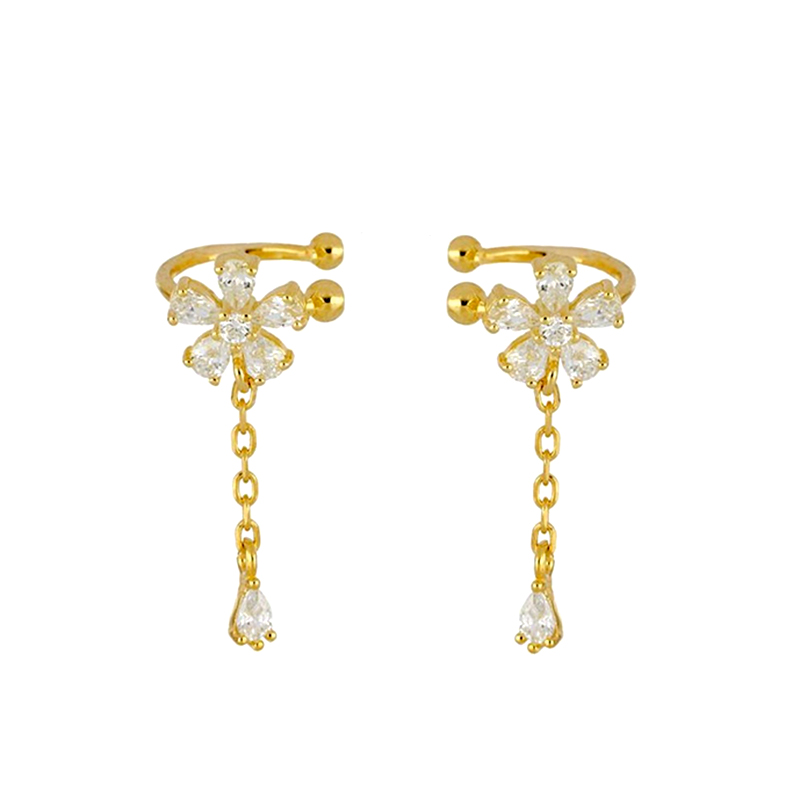 Dainty CZ Flower Ear Cuff With Dangling Chain