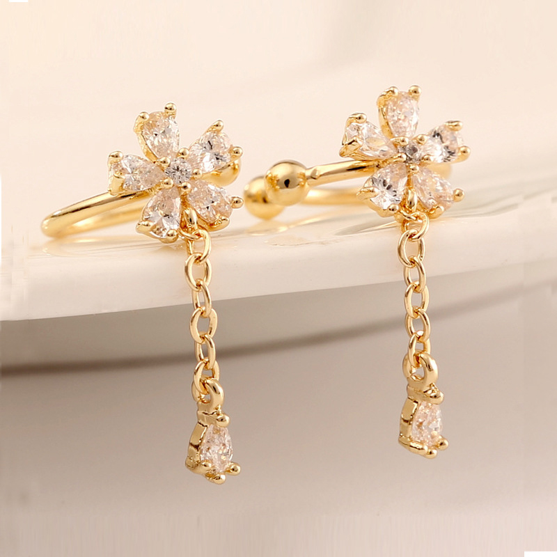 Dainty CZ Flower Ear Cuff With Dangling Chain