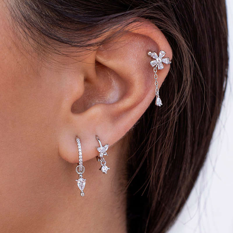 Dainty CZ Flower Ear Cuff With Dangling Chain