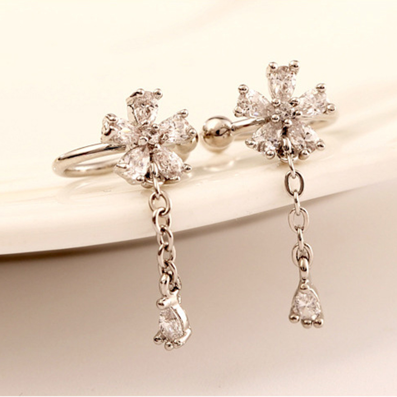 Dainty CZ Flower Ear Cuff With Dangling Chain