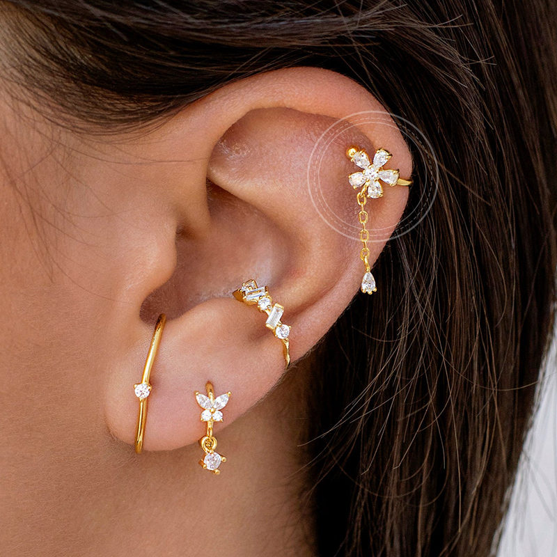 Dainty CZ Flower Ear Cuff With Dangling Chain