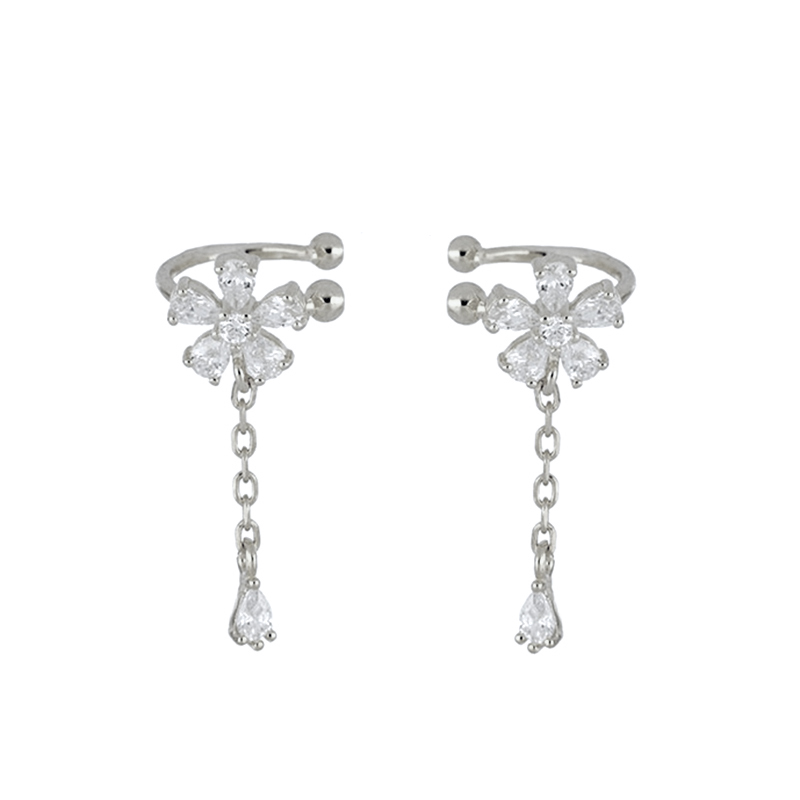 Dainty CZ Flower Ear Cuff With Dangling Chain
