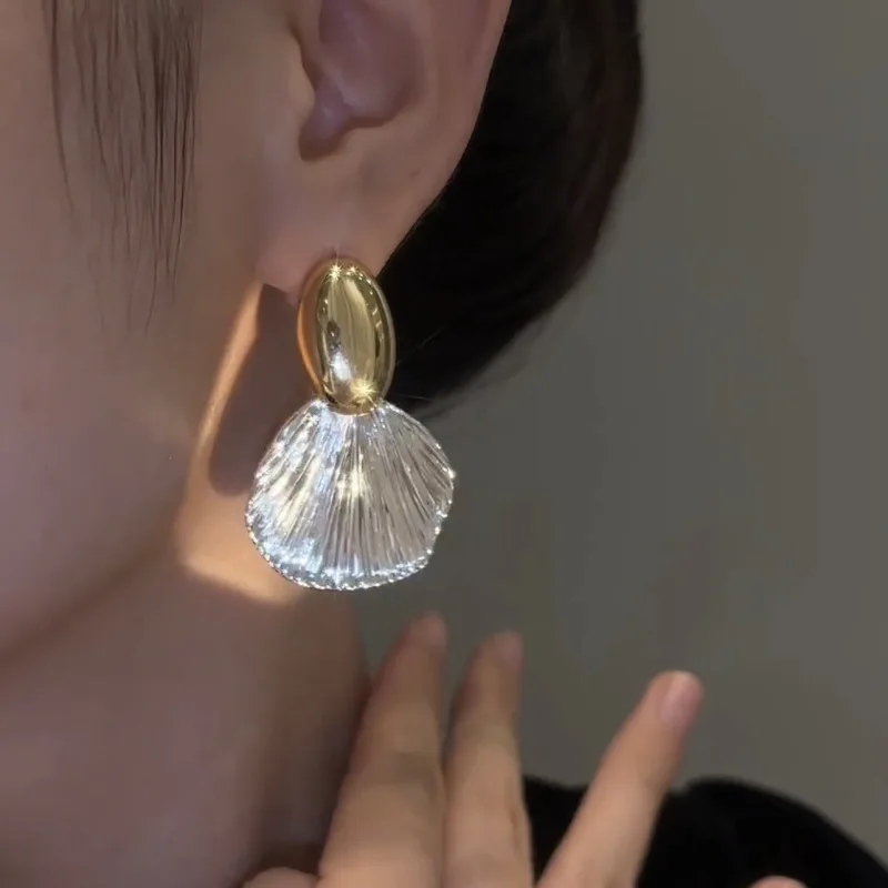 Gold Pearl Fan Shell Dangle And Drop Earrings