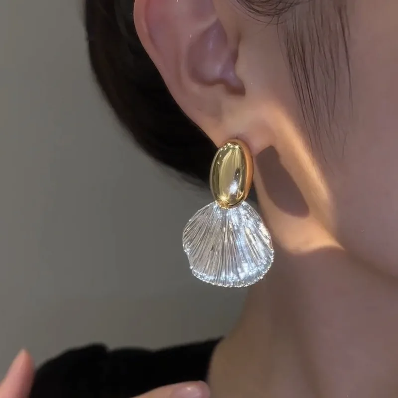 Gold Pearl Fan Shell Dangle And Drop Earrings