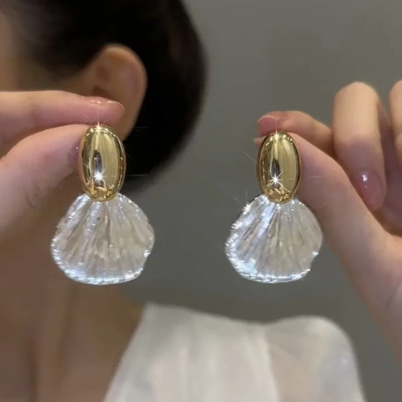 Gold Pearl Fan Shell Dangle And Drop Earrings