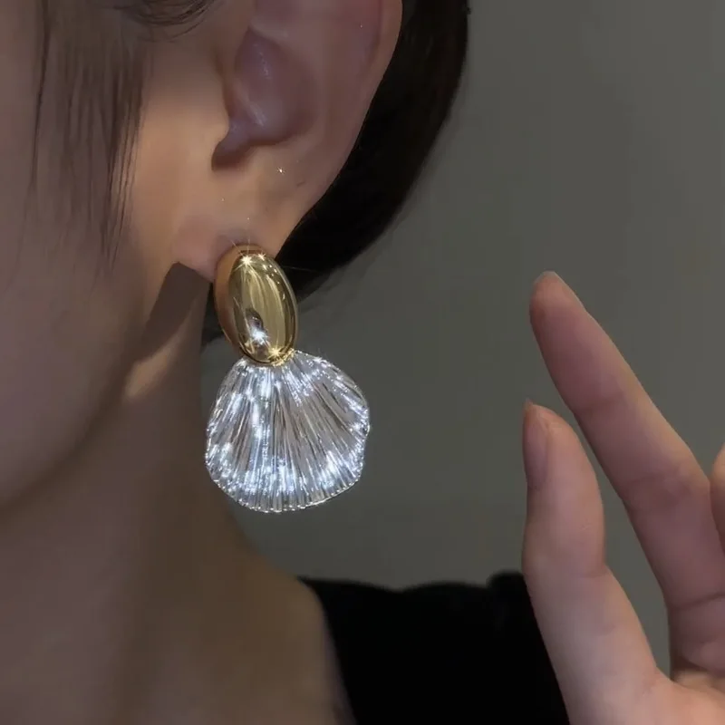 Gold Pearl Fan Shell Dangle And Drop Earrings