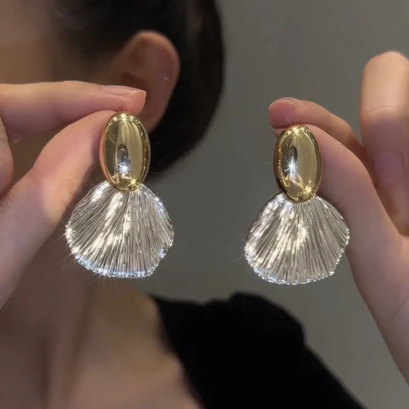 Gold Pearl Fan Shell Dangle And Drop Earrings