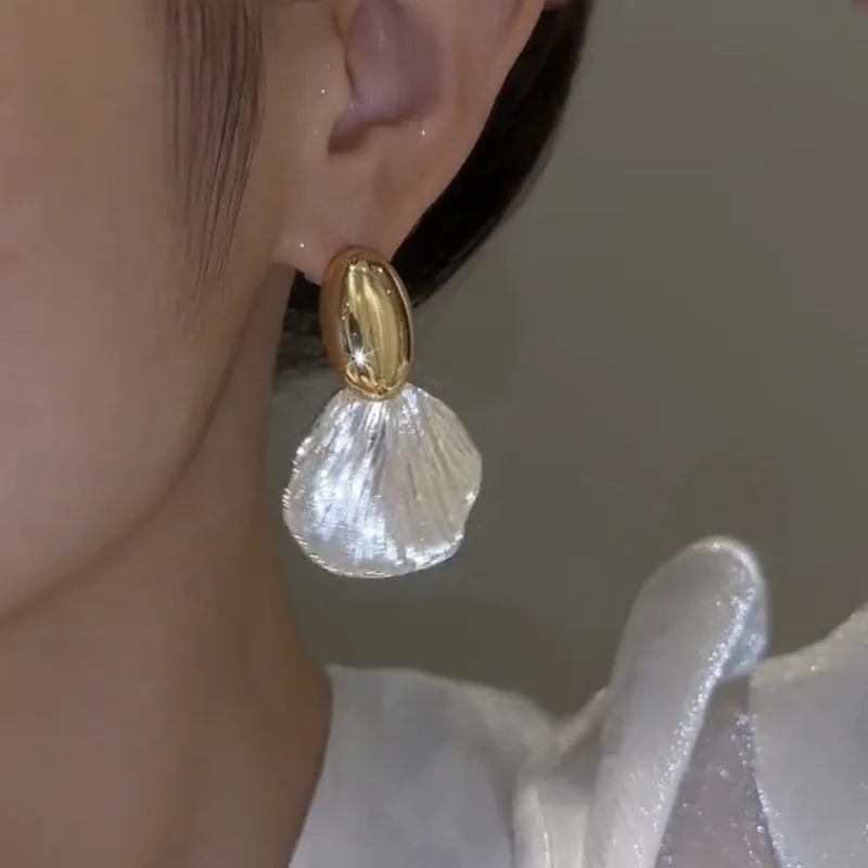 Gold Pearl Fan Shell Dangle And Drop Earrings