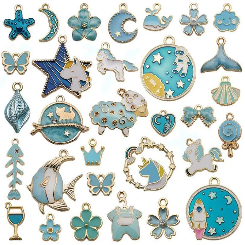 31pcs Mixed Color Enamel Charms Flower Plant Star DIY Jewelry Making
