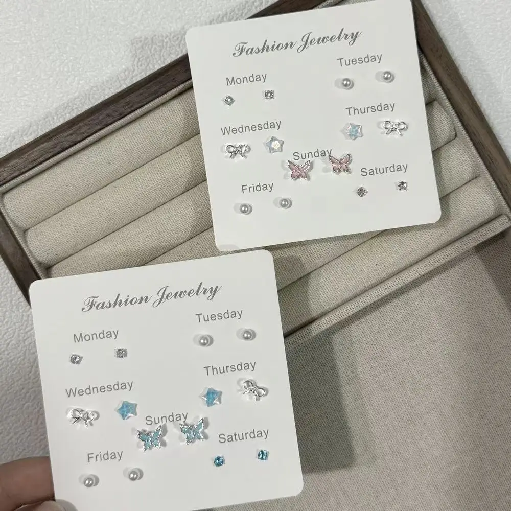 7PCS SET New Cute Butterfly Star Pearl Stud Earring For Women Exquisite Mini Earrings Jewelry Gift Wholesale Direct Sale