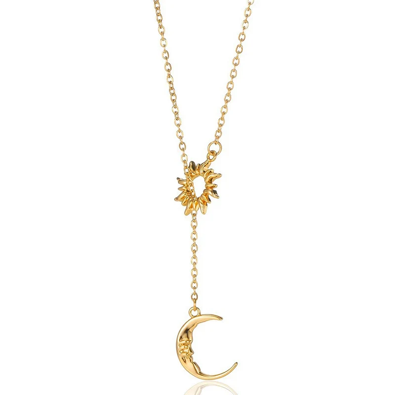 Fashion Shiny Geometric Sun Pendant Necklace Simple Versatile Crescent Moon Choker Chain for Women KOFSAC