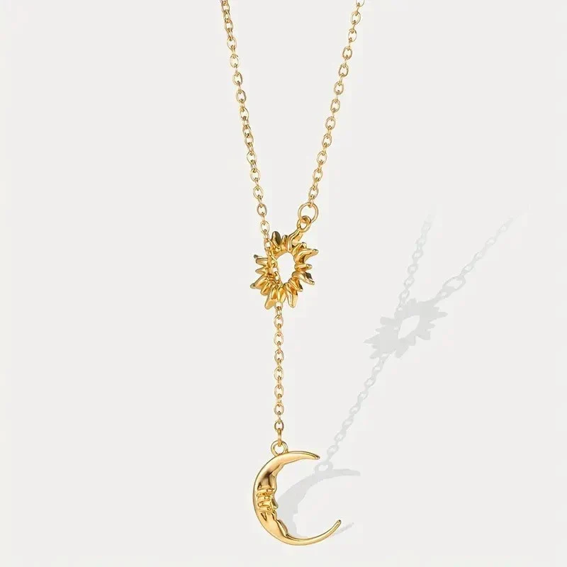 Fashion Shiny Geometric Sun Pendant Necklace Simple Versatile Crescent Moon Choker Chain for Women KOFSAC