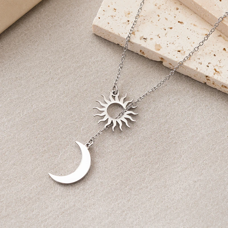 Huitan Novel Moon and Sun Pendant Necklace for Women Glossy 304 Stainless Steel Neck Accessory Trendy Elegant Jewelry for Party Huitan Novel Moon and Sun Pendant Necklace for Women Glossy 304 Stainless Steel Neck Accessory Trendy Elegant Jewelry for Party
